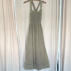 Kori Olive Mineral Acid Wash Textured Knit Raw Hem Criss-cross Back Maxi Dress